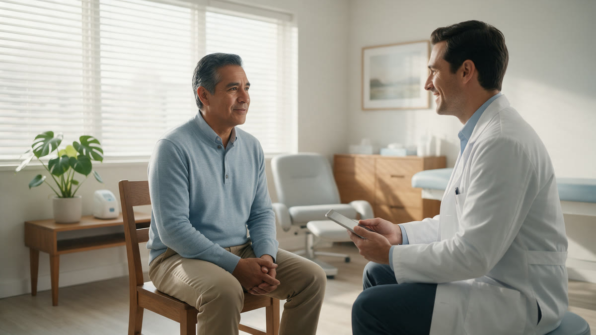 Paciente hablando con su médico sobre el tratamiento de la disfunción eréctil en el Centro Médico Miami Lakes