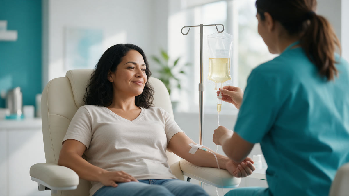 Paciente adulta relajada durante una sesión de terapia IV con supervisión médica en Miami Lakes