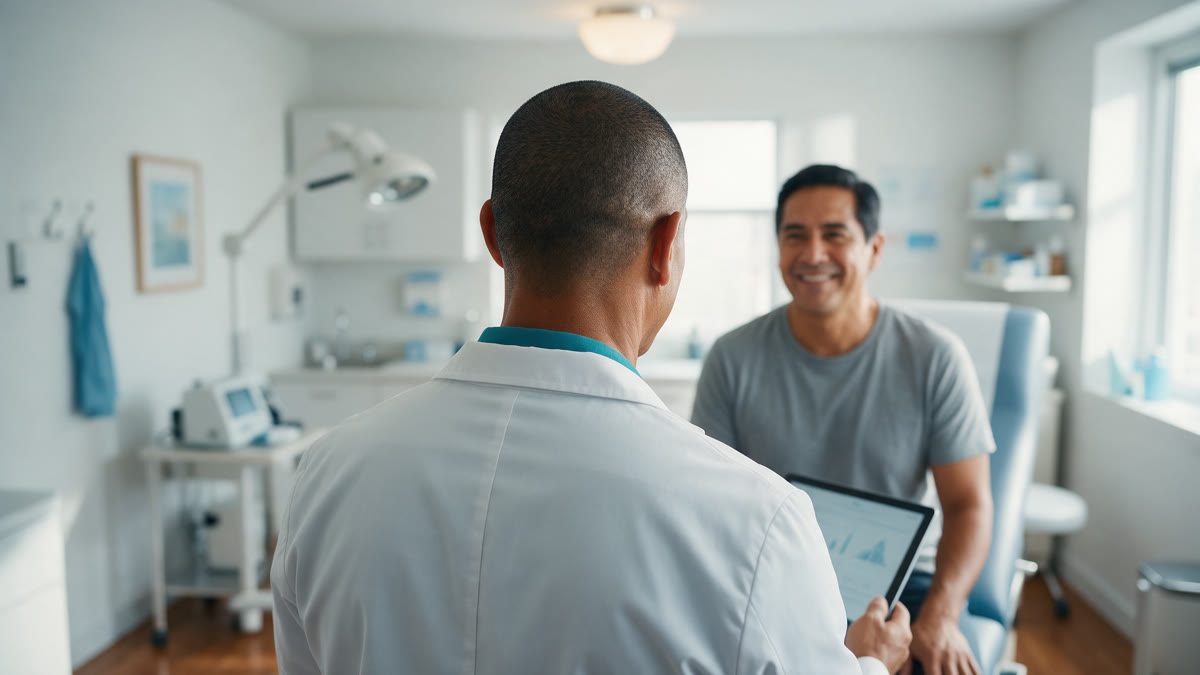 Médico de atención primaria revisando resultados de salud en una tableta con un paciente durante un chequeo en el Centro Médico Miami Lakes